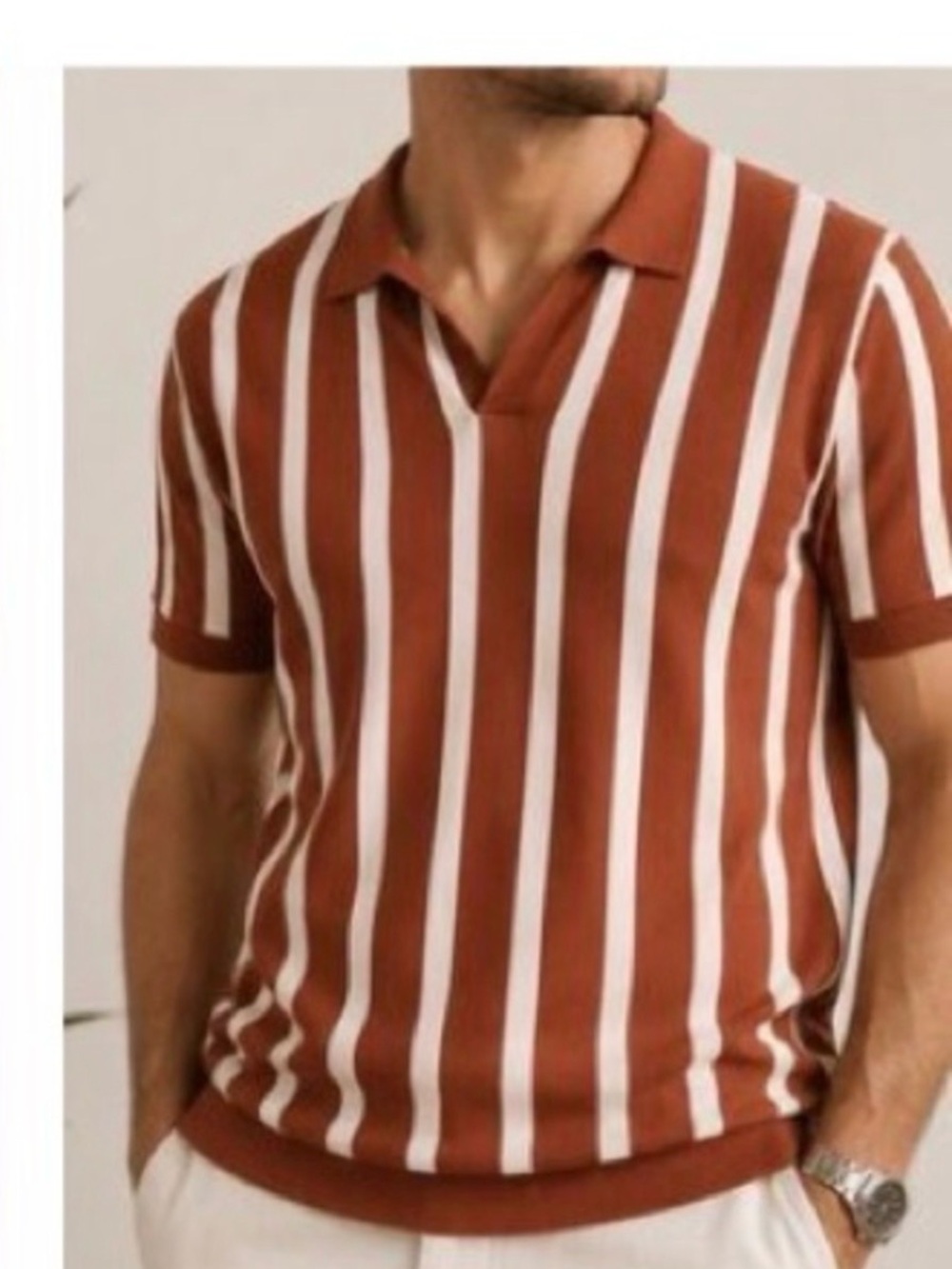 H&M Polo. light Sweater weight cotton color: Rust and Cream Stripes. Reg fit.